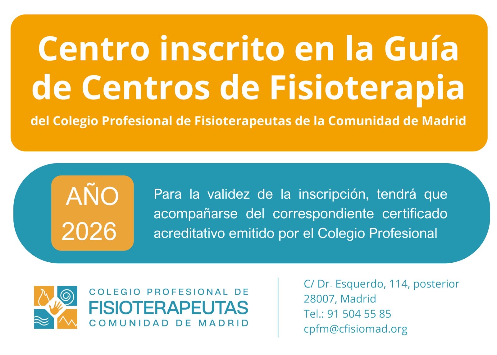 Centro inscrito en la guía de centros de fisioterapia de la CCAA Madrid